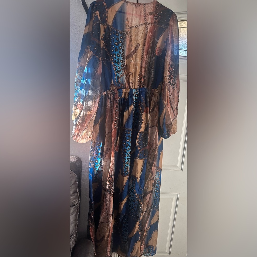 Fashion Nova Blue and Gold Bishop Sleeve Sundress